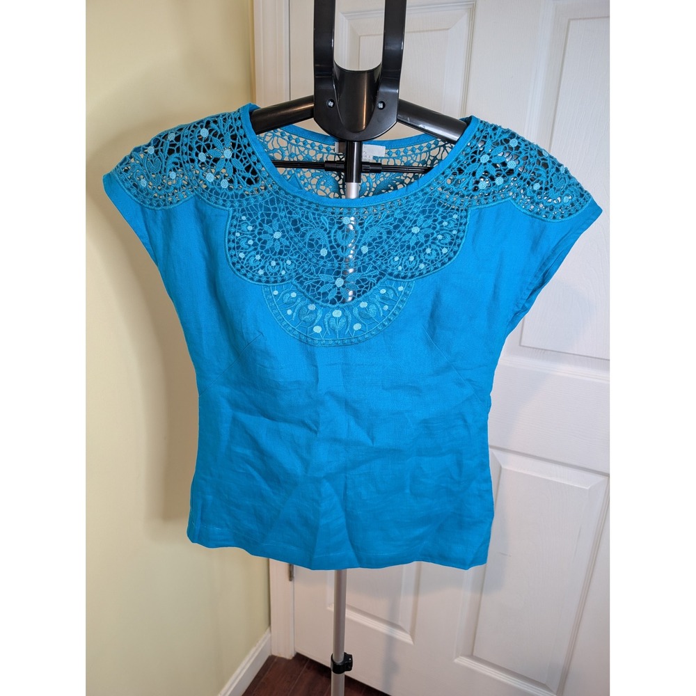 Boden‎ Fleur Linen Top Womens 4 Blue Crochet Lace Embroidery Cap Sleeve Boho